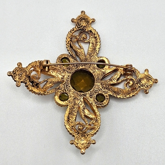 VINTAGE Colorful Rhinestone Gold-Tone Maltese Cross Brooch Pin - Picture 5 of 5